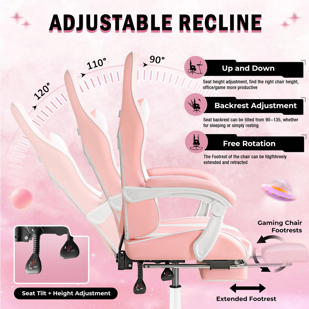 Gaming Chair, Video Game Chair with Footrest and Massage Lumbar Support, Ergonomic Computer Chair Height Adjustable with Swivel Seat and Headrest (Pink)