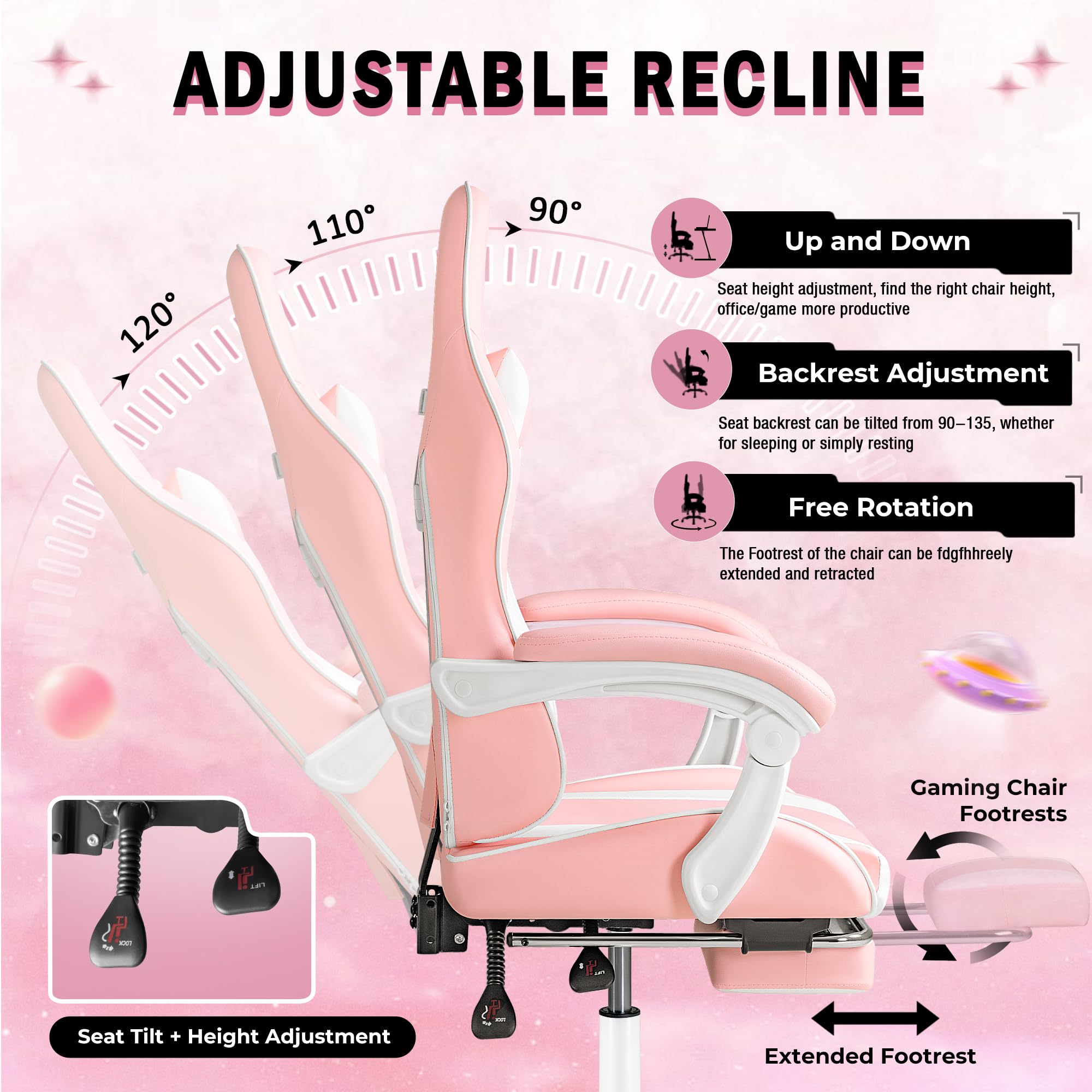 Gaming Chair, Video Game Chair with Footrest and Massage Lumbar Support, Ergonomic Computer Chair Height Adjustable with Swivel Seat and Headrest (Pink)