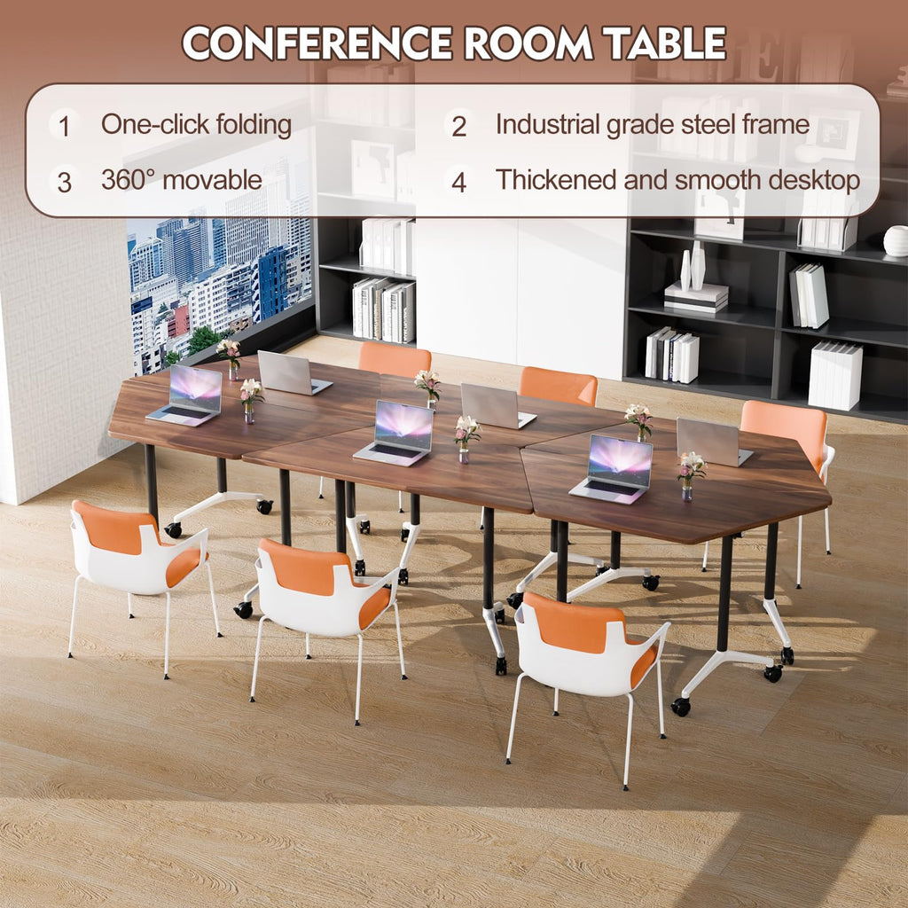6 Pack Folding Conference Tables with Wheels, 4FT Modern Walnut Modular Conference Room Table Mobile Trapezoid Foldable Training Table for Office Classroom Meeting (6PACK)
