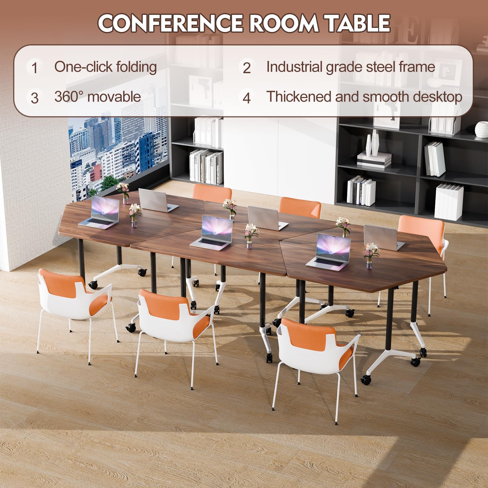 6 Pack Folding Conference Tables with Wheels, 4FT Modern Walnut Modular Conference Room Table Mobile Trapezoid Foldable Training Table for Office Classroom Meeting (6PACK)