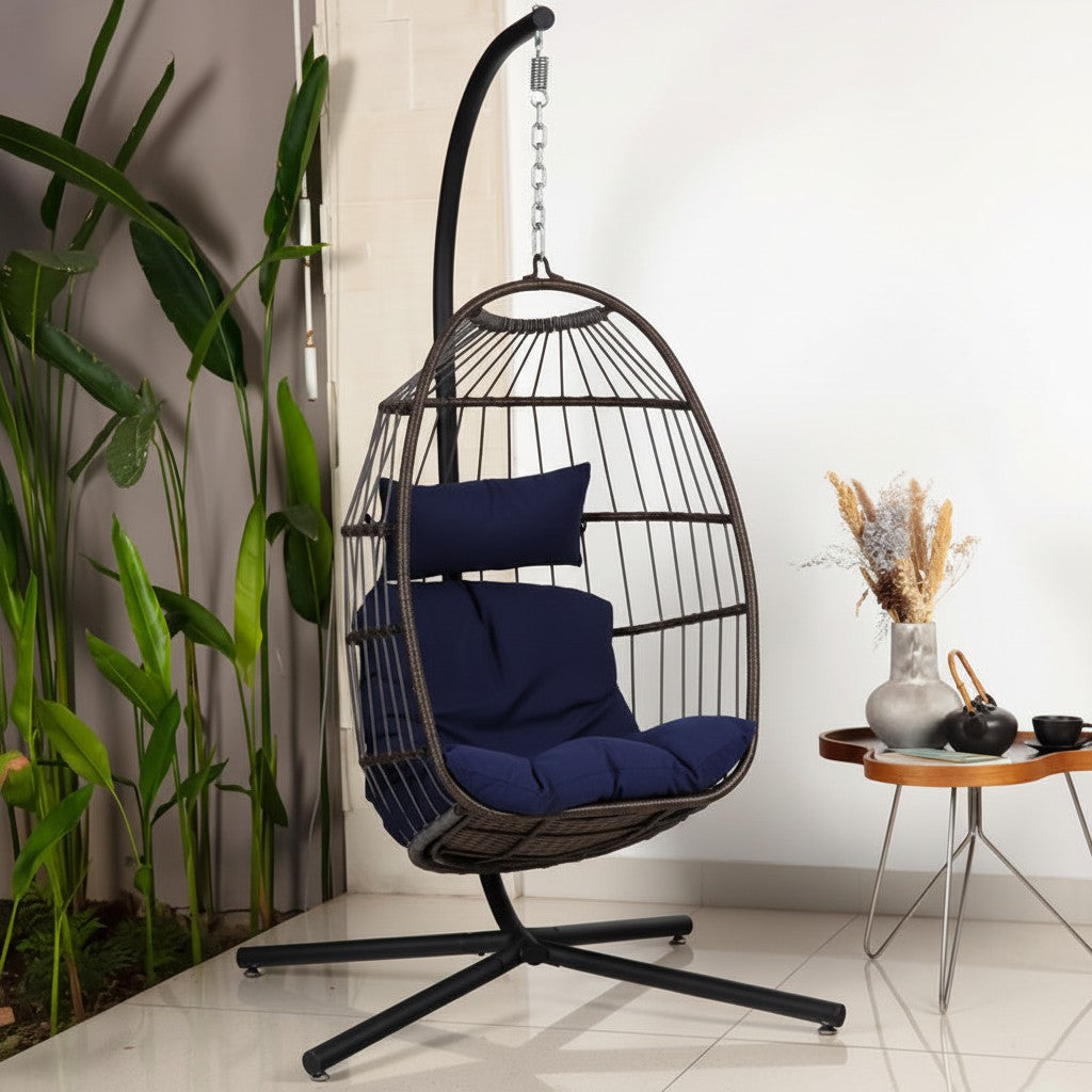 Egg Chair with Stand – Hanging Rattan Wicker Swing for Indoor Outdoor Use – 350 lbs Capacity, Breathable Cushion & Headrest – Patio, Balcony, Porch, Bedroom Lounge Furniture