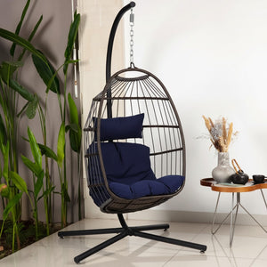 Egg Chair with Stand – Hanging Rattan Wicker Swing for Indoor Outdoor Use – 350 lbs Capacity, Breathable Cushion & Headrest – Patio, Balcony, Porch, Bedroom Lounge Furniture