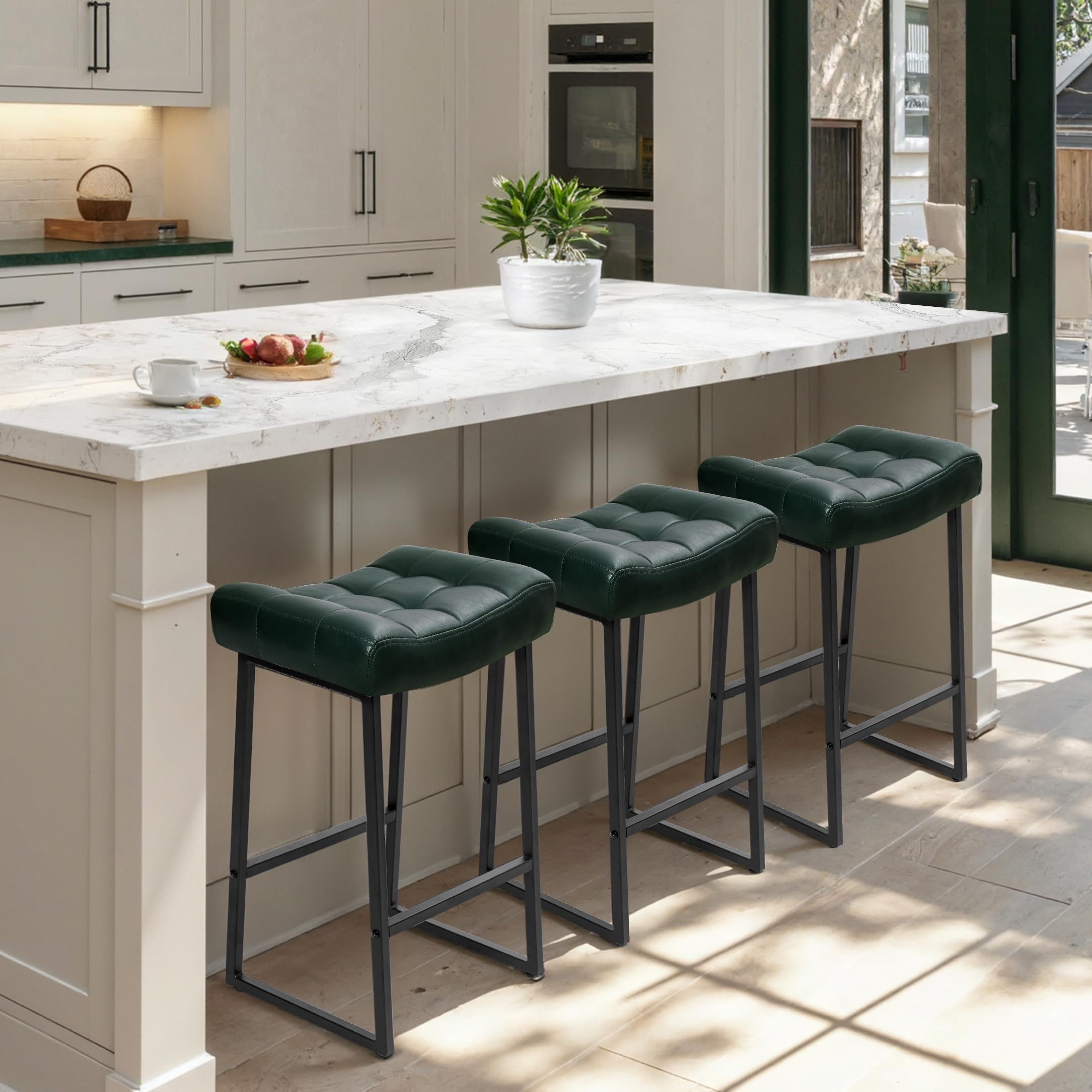 Modern Bar Stools Set of 3 for Kitchen Counter 24 inch Counter Height Backless Barstools with Upholstered Faux Leather Saddle Seat and Metal Frame Industrial Bar Chairs, Dark Green