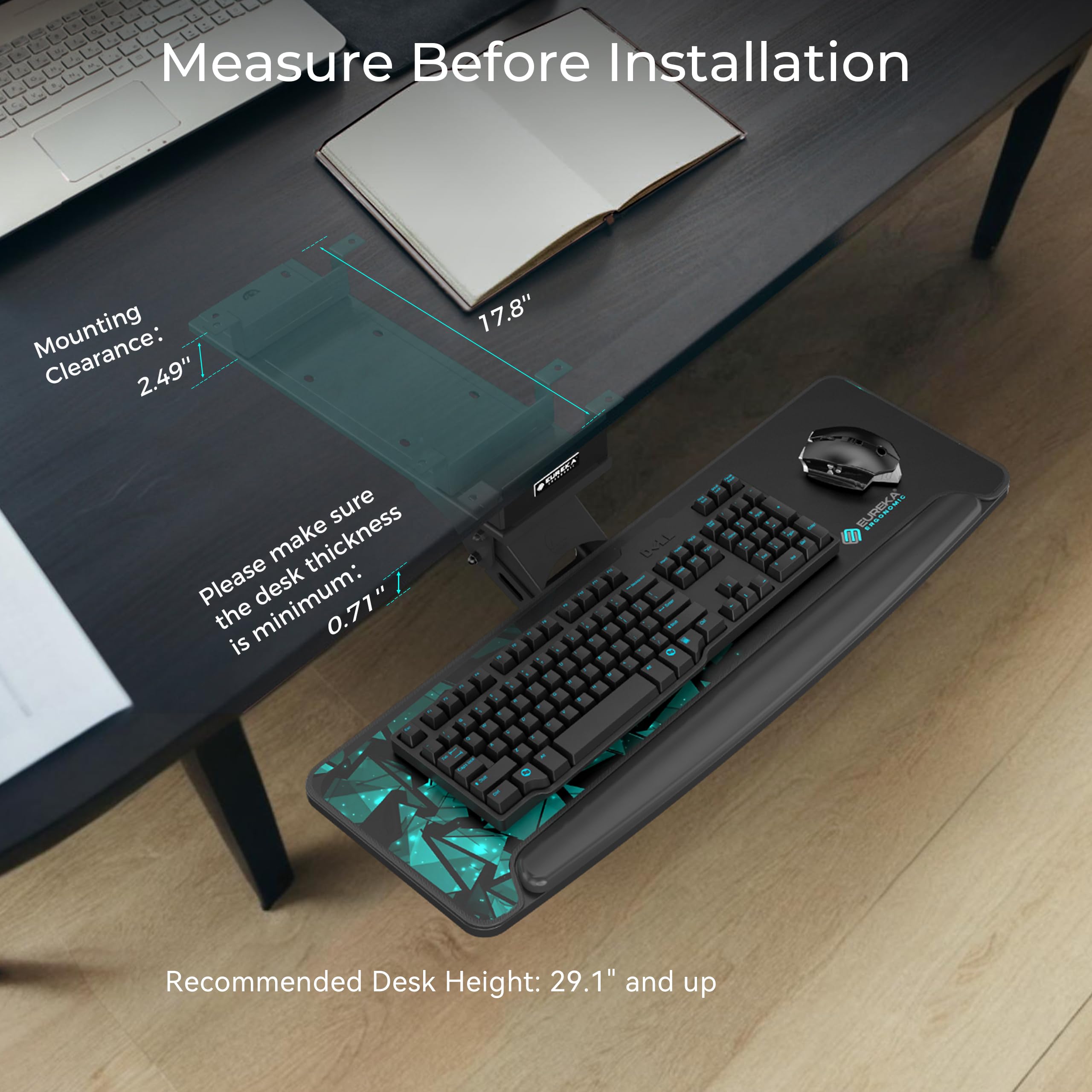 Height Adjustable Mouse & Keyboard Tray Under Desk, 28x10'' Large Slide Out Swivel Tilt Computer Keyboard Drawer with Mouse Pad for Gaming Home Office Desk, Dual Mount
