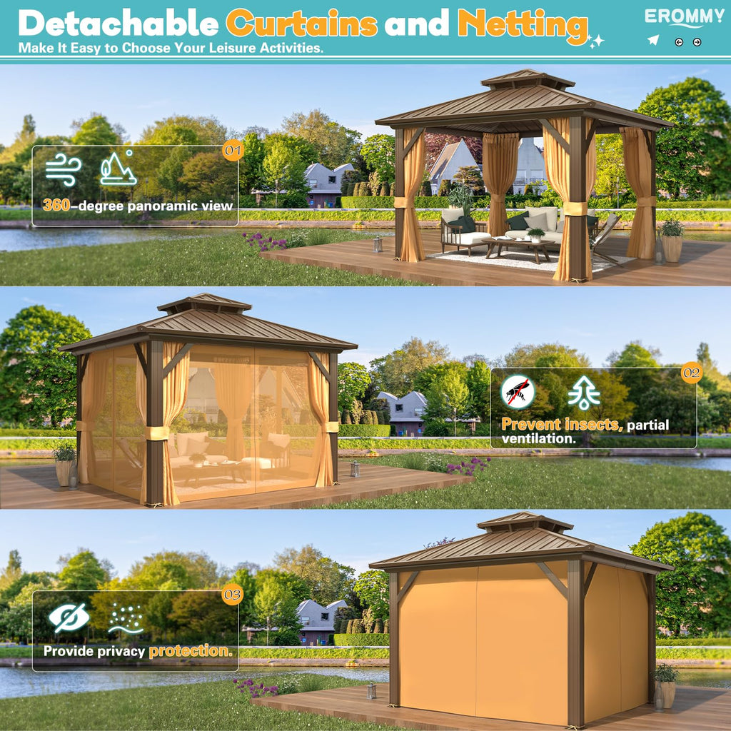 10' x 10' Hardtop Gazebo, Aluminum Frame Gazebos with Galvanized Steel Double Roof, Permanent Outdoor Metal Pavilion with Curtain and Netting for Patio, Lawn, Deck