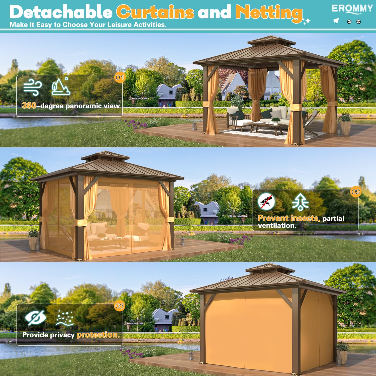 10' x 10' Hardtop Gazebo, Aluminum Frame Gazebos with Galvanized Steel Double Roof, Permanent Outdoor Metal Pavilion with Curtain and Netting for Patio, Lawn, Deck