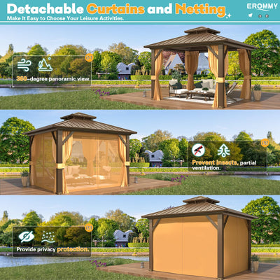 10' x 10' Hardtop Gazebo, Aluminum Frame Gazebos with Galvanized Steel Double Roof, Permanent Outdoor Metal Pavilion with Curtain and Netting for Patio, Lawn, Deck