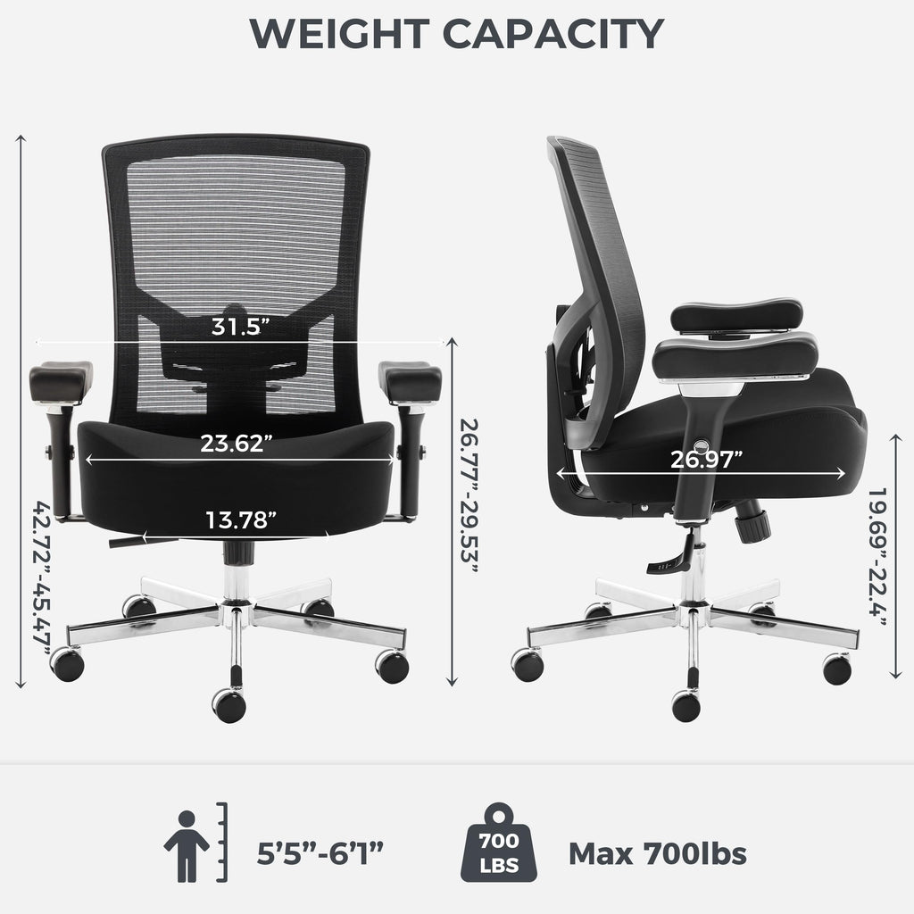 Big and Tall Office Chair 700lbs with Ergonomic W Wide Thick Seat Cushion, Oversized Mesh Desk Chair with Adjustable Lumbar for Heavy People, Computer Chair with Upgraded Adjustable 4D Armrest