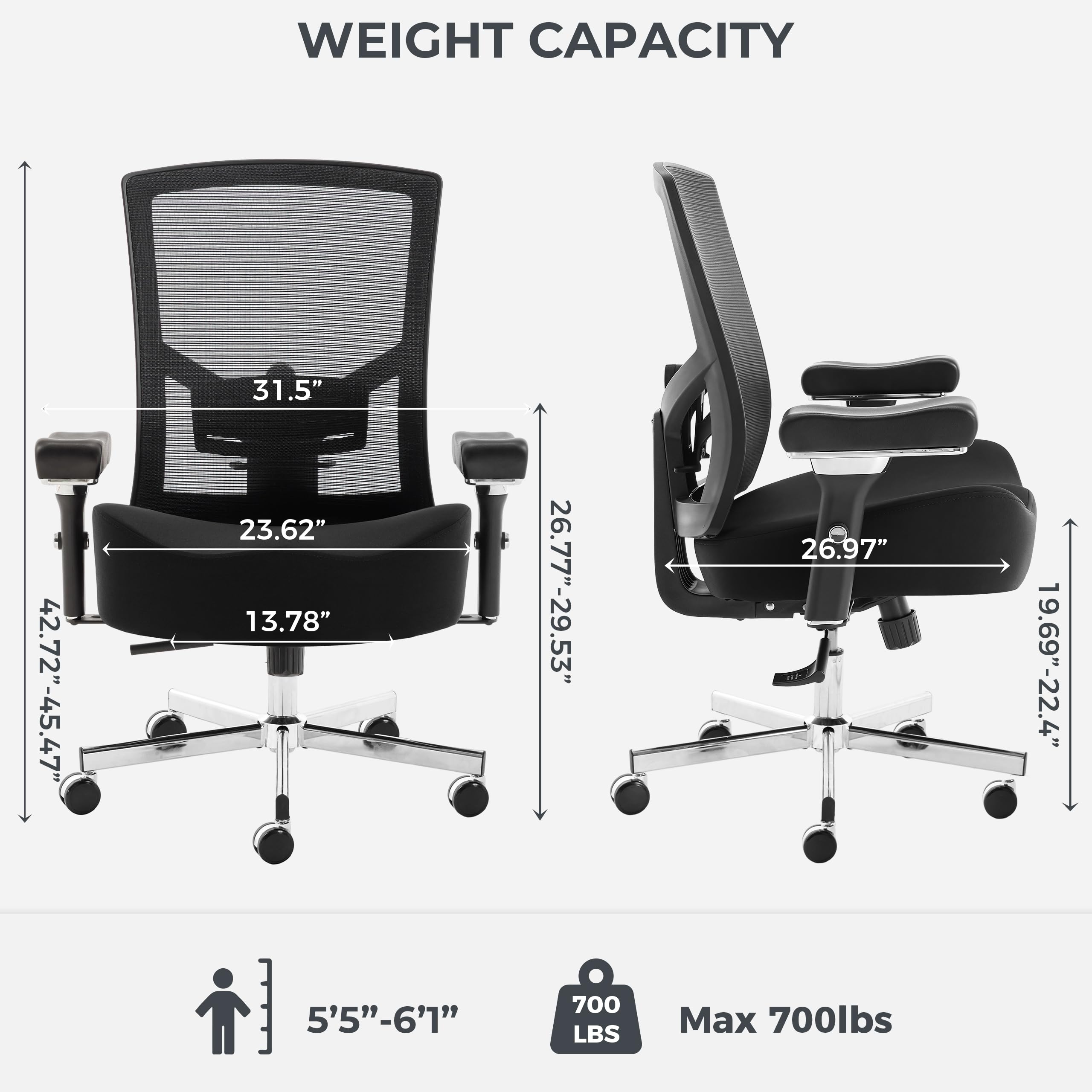 Big and Tall Office Chair 700lbs with Ergonomic W Wide Thick Seat Cushion, Oversized Mesh Desk Chair with Adjustable Lumbar for Heavy People, Computer Chair with Upgraded Adjustable 4D Armrest
