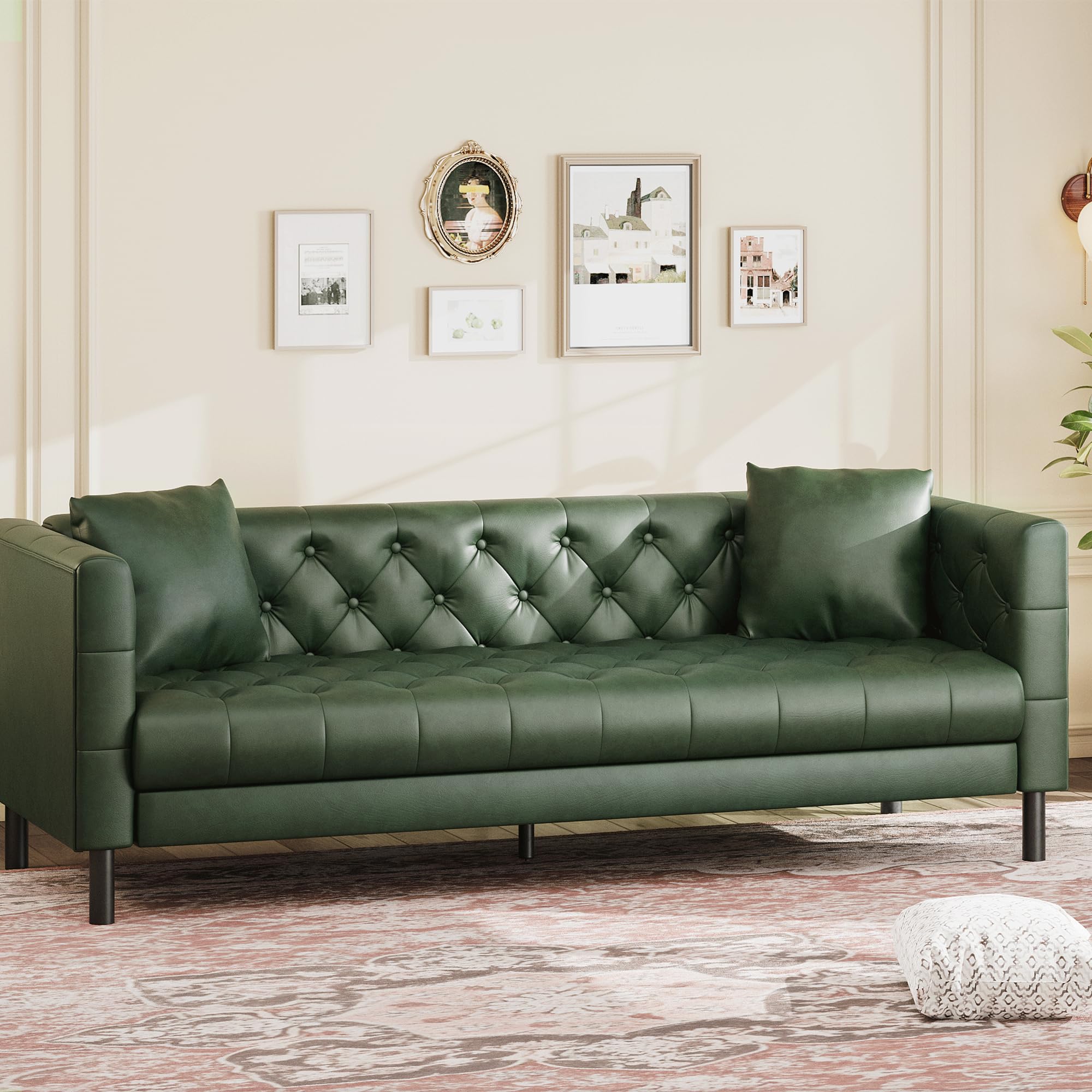 81 in Leather Couch for Living Room, Modern Sofa Couch with Deep Seat, Handmade Button Tufted 3 Seater Sofa, Leather Sofa for Apartment, Office, Green