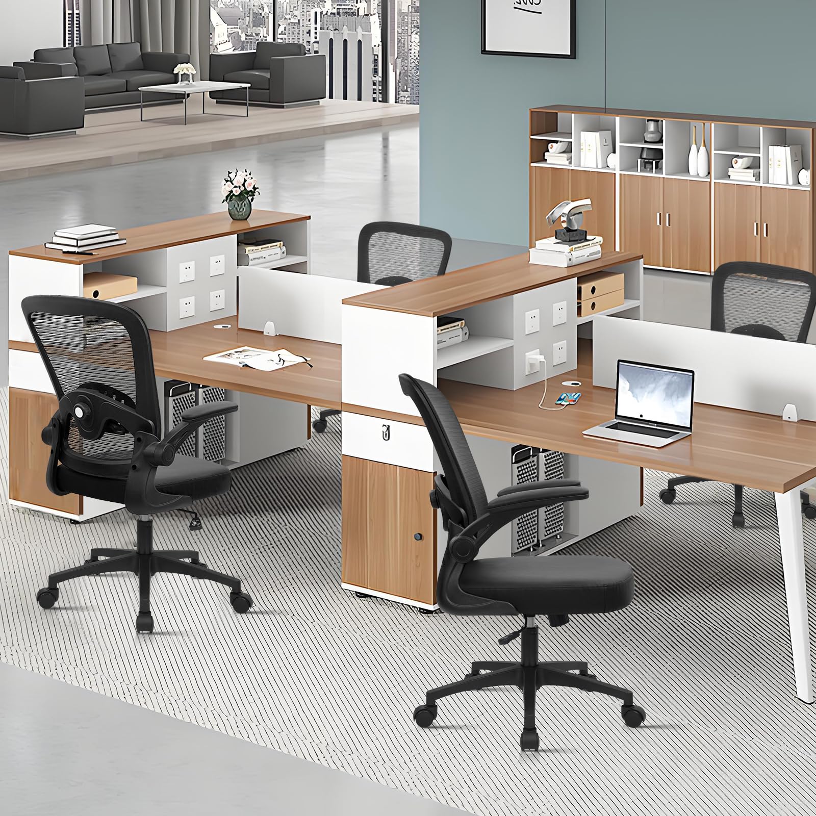 Home Office Desk Chair with Flip Up Armrests, Mesh Back Chair with Adjustable Height Lumbar Support and Leather Seat, Ergonomic Computer Task Chair for School, Conference, Black