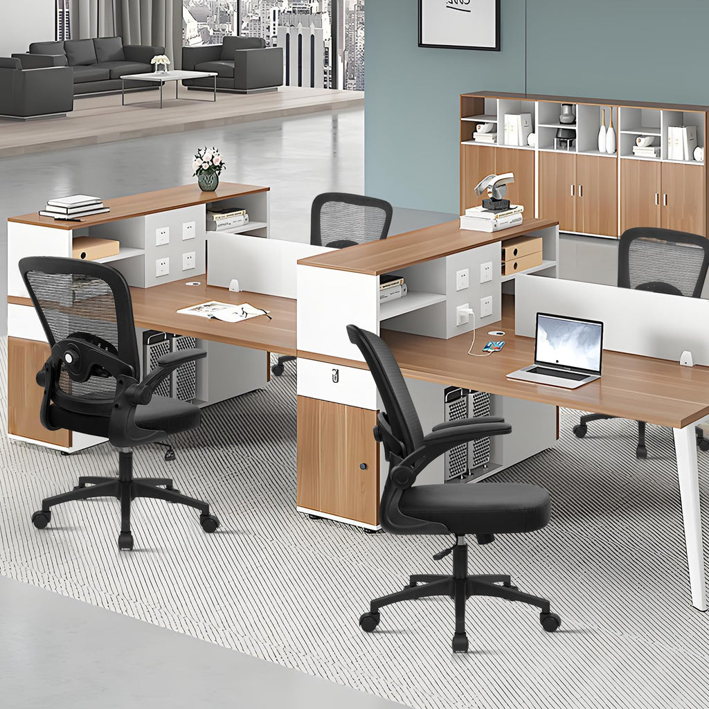 Home Office Desk Chair with Flip Up Armrests, Mesh Back Chair with Adjustable Height Lumbar Support and Leather Seat, Ergonomic Computer Task Chair for School, Conference, Black(2PK)