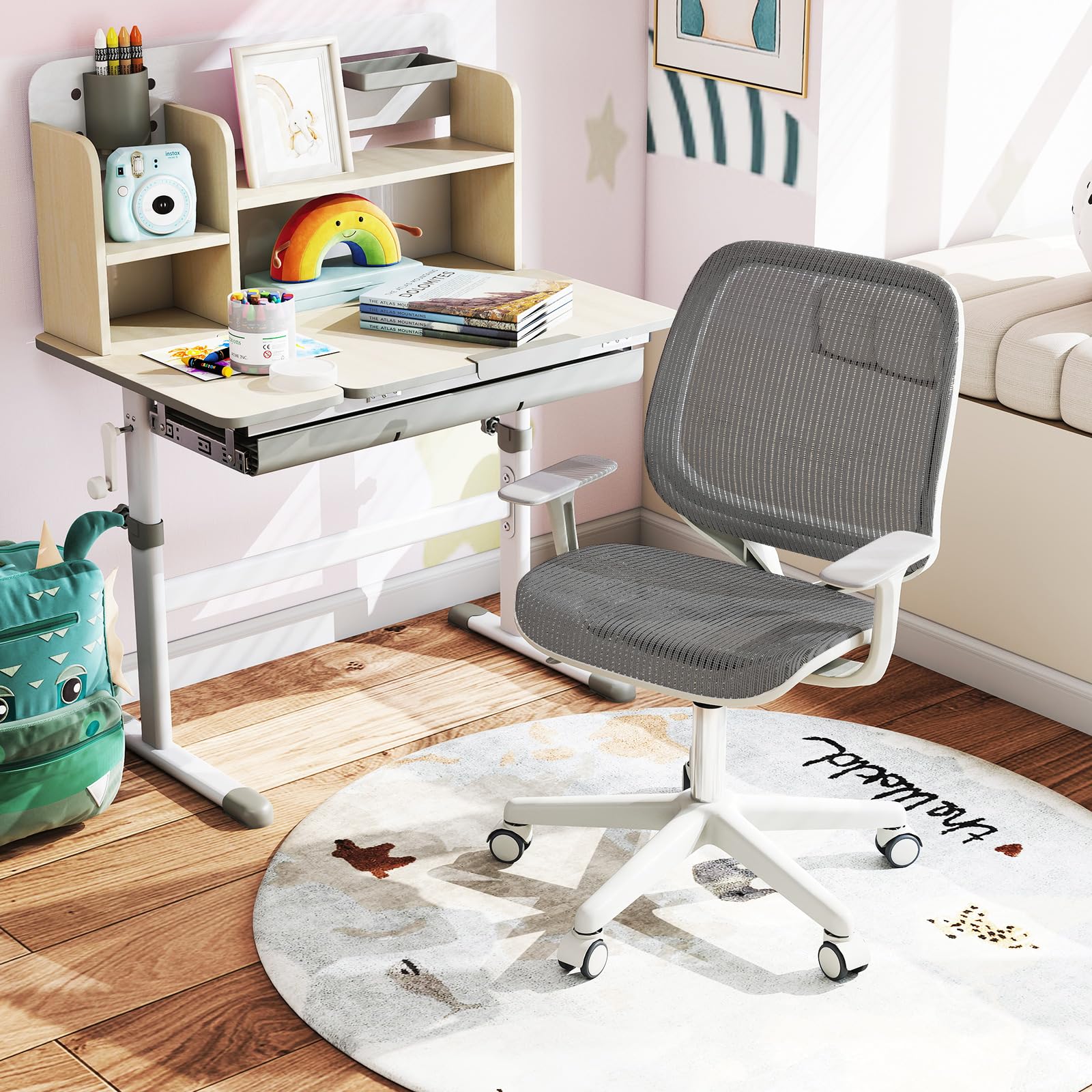 Kids Desk Chair, Height Adjustable Children Study Computer Chair with Armrests, Sit-Brake Casters, Swivel Mesh Task Chair for Boys Girls Teens Students, Kids Chair for Home, Office (Gray)