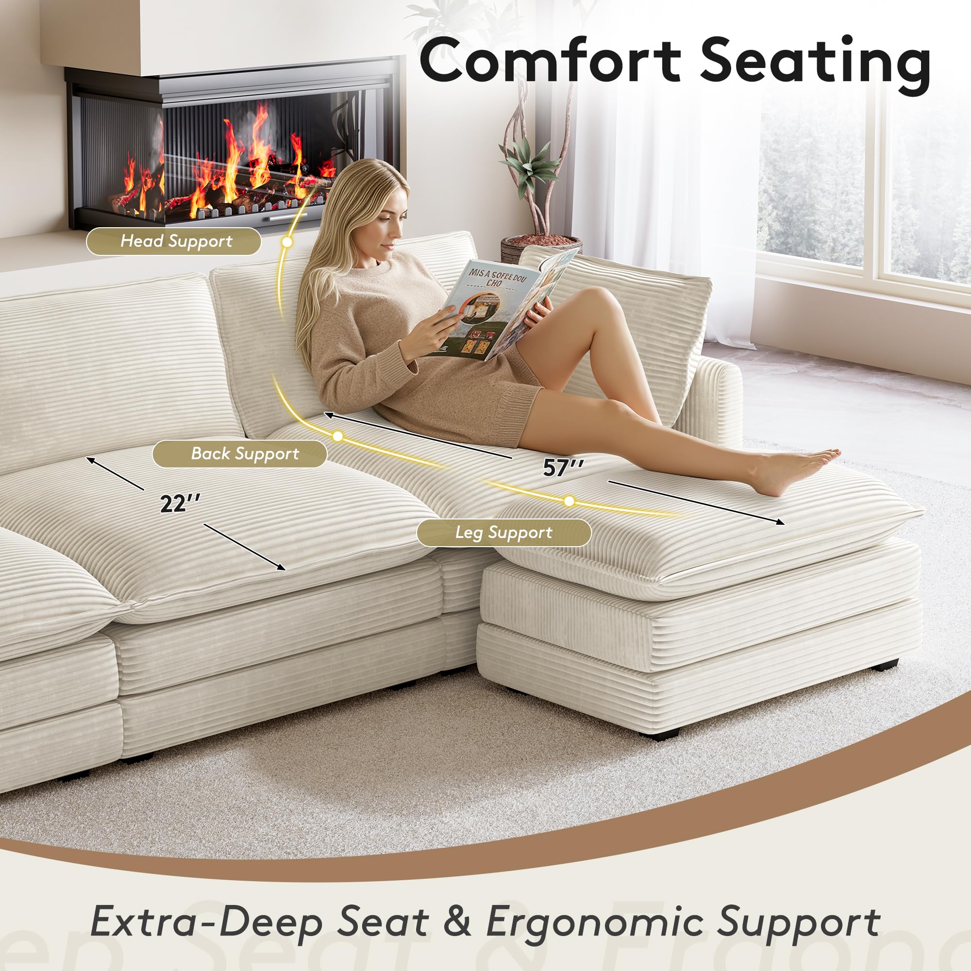 104'' Modular Sectional Cloud Couch with Movable Ottoman, 4 Seat Modern Corduroy Sofa, Deep Seat L Shaped Couch for Living Room Bedroom Apartment, Beige
