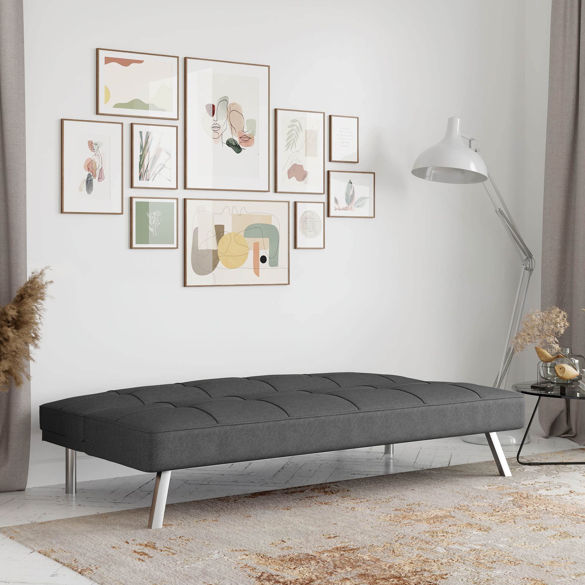 Rane Futon Sofa Bed 66.1", 3-in-1 Convertible Couch Sleeper for Small Spaces, Tufted Back, Twin Size Guest Bed, Chracoal Woven Fabric