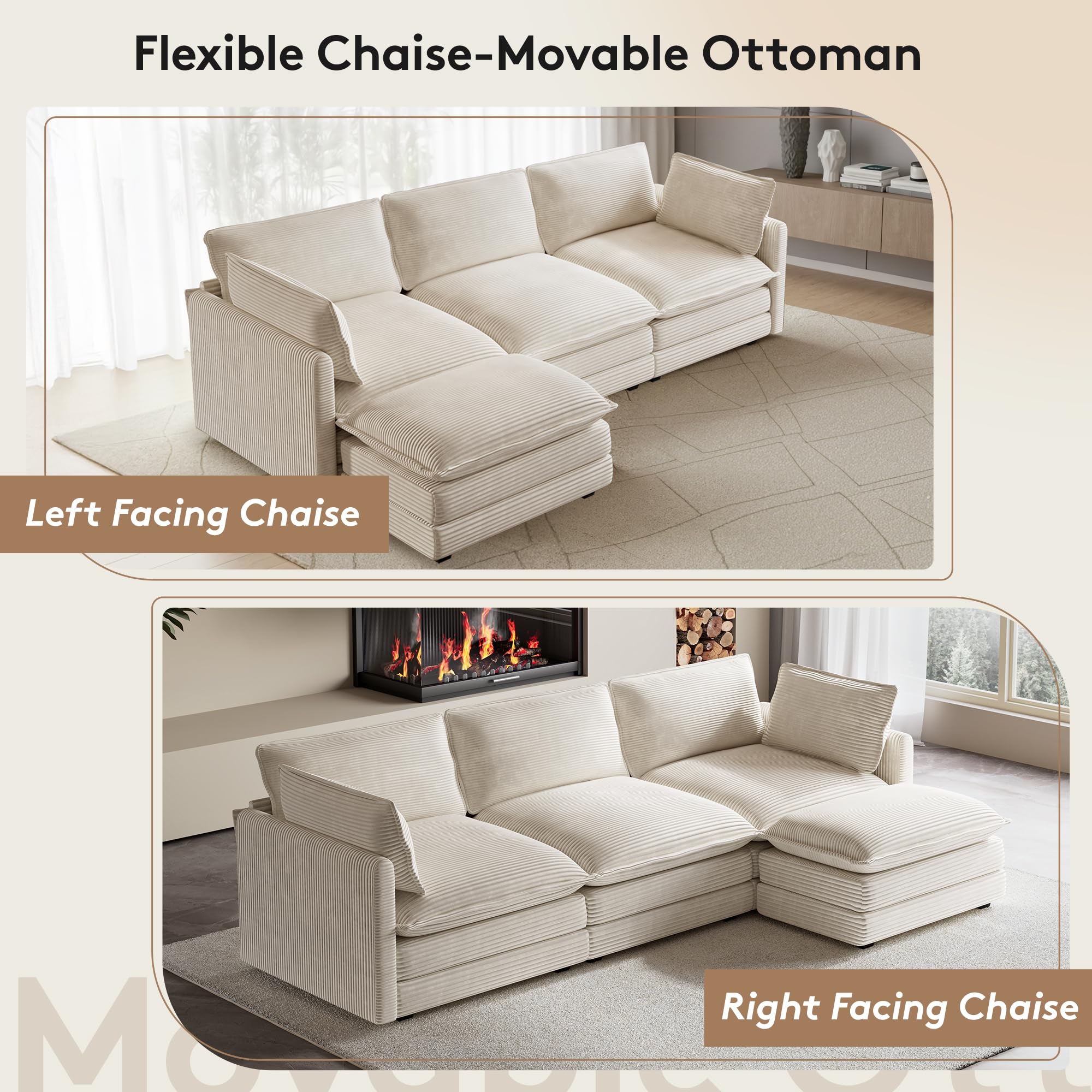 104'' Modular Sectional Cloud Couch with Movable Ottoman, 4 Seat Modern Corduroy Sofa, Deep Seat L Shaped Couch for Living Room Bedroom Apartment, Beige