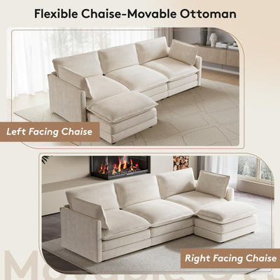 104'' Modular Sectional Cloud Couch with Movable Ottoman, 4 Seat Modern Corduroy Sofa, Deep Seat L Shaped Couch for Living Room Bedroom Apartment, Beige