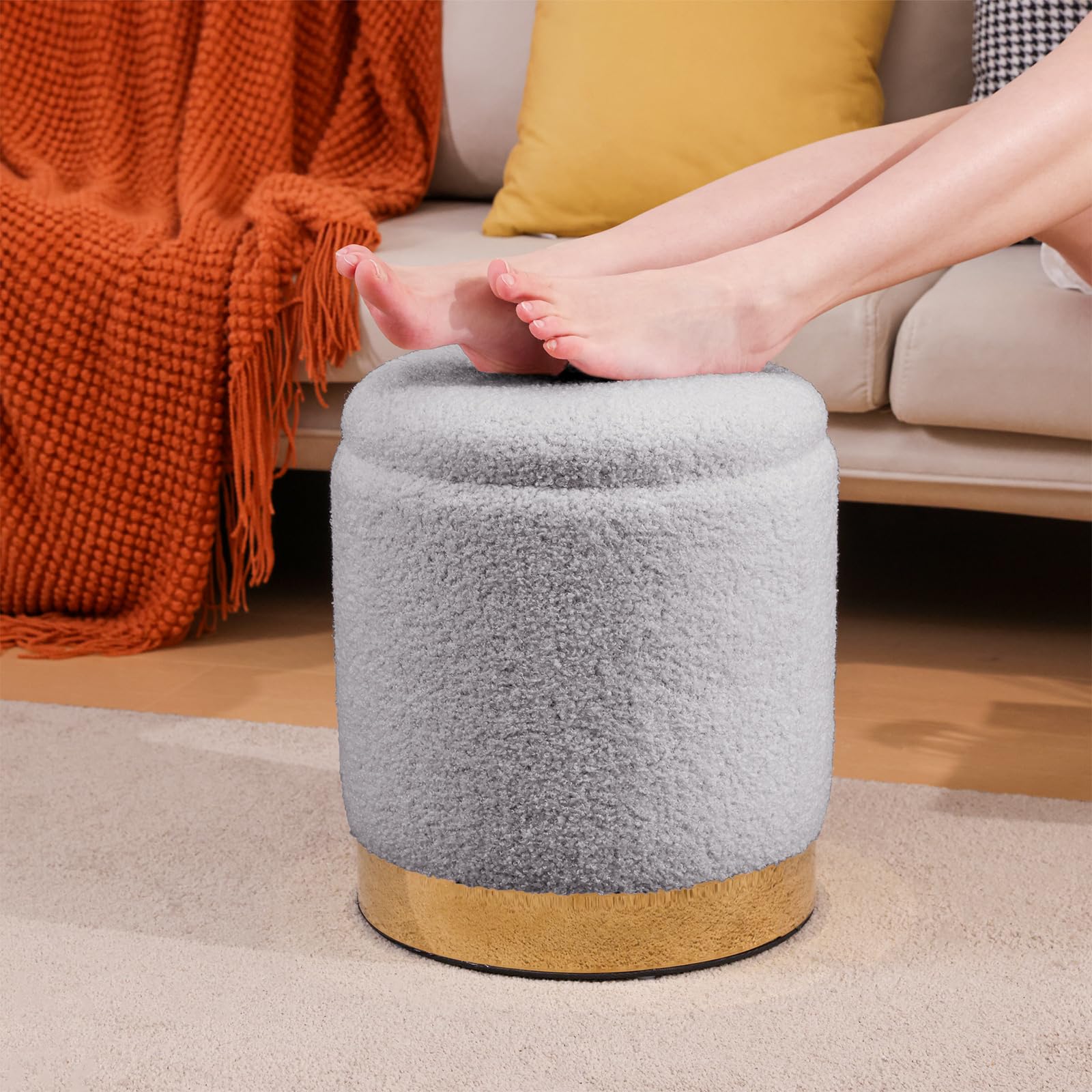 Sherpa Round Ottoman Set of 2 with Storage, 12 Gallon Hidden Storage Ottoman, Multi-Functional Footrest Stool, Vanity Seat, Coffee Table, No Assembly Required, Holds 300lbs (Gray)