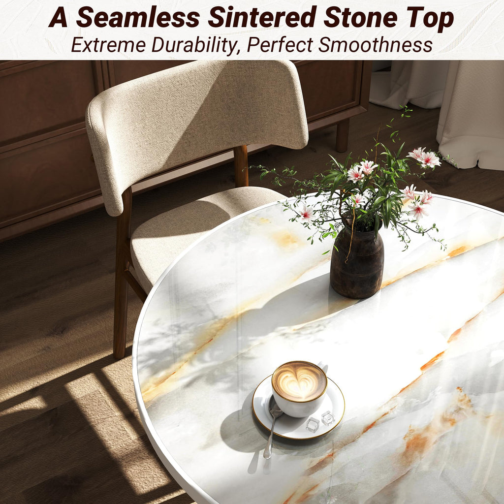 31.5" Tulip Table,Round Kitchen Dining Table for 2-4 with Thick Sintered Stone Top,Titanium Golden Pedestal Base,Heat-Resistant,Bistro Table for Dining Room,Café,Small Space（Silk Floating）