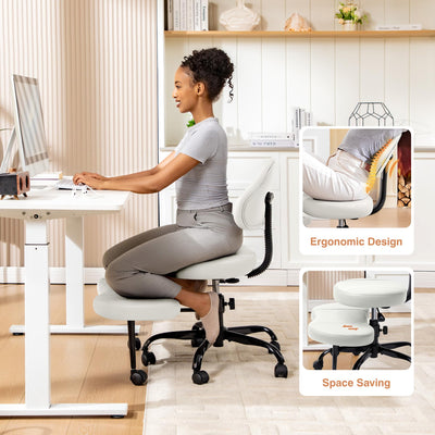 Cross Legged Office Chair, Criss Cross Desk Chair ADHD Meditation Kneeling Yoga Seat with Adjustable Height, Lumbar Support, Wider Footrest and Wheels (White)