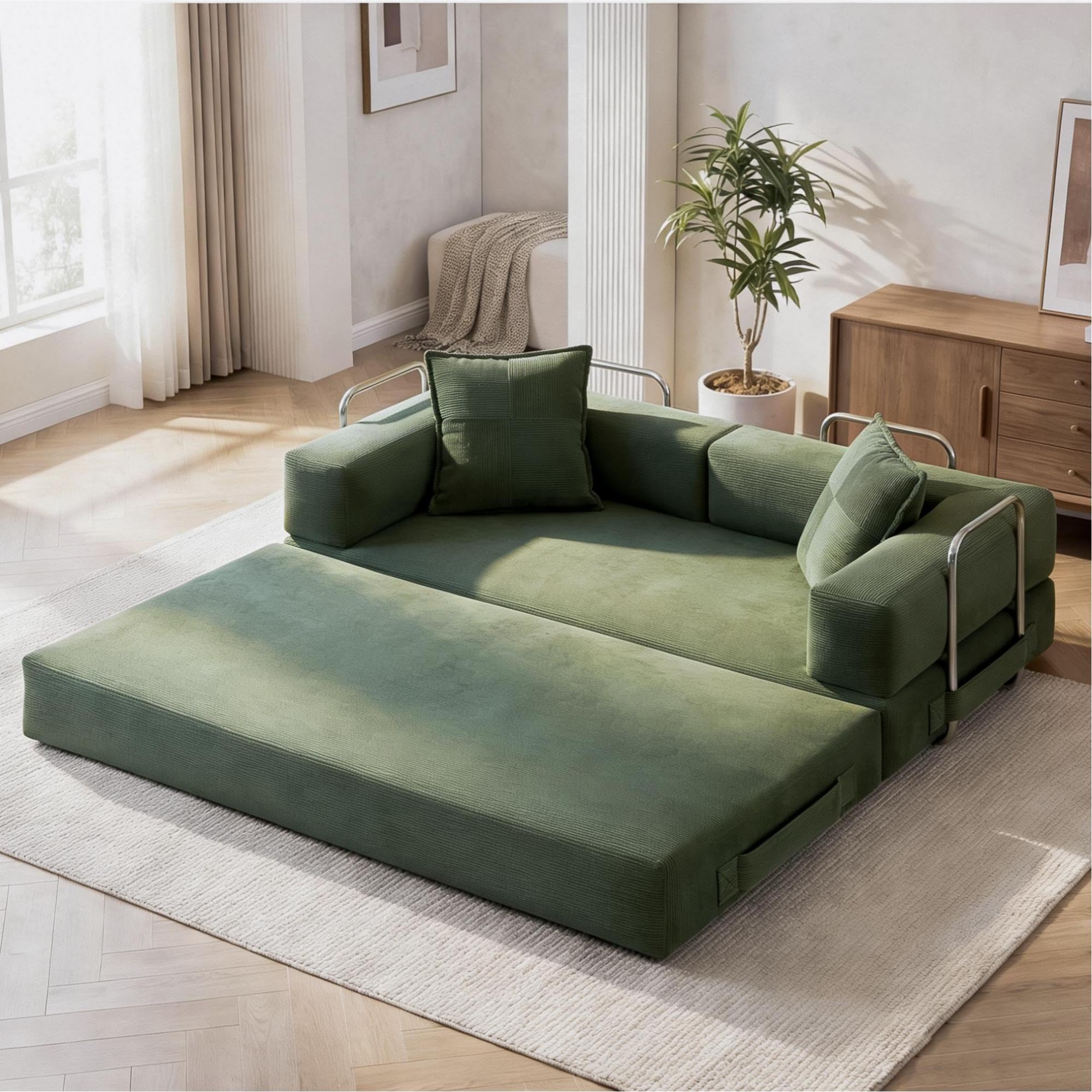78 Inch Convertible Sofa Bed, 5-in-1 Futon Sofa Bed Pull Out Couch, Boneless Couch Bed for Living Room, Corduroy Boneless Couches for Bedroom, Apartment, No Assembly Sleeper Sofa Bed, Green