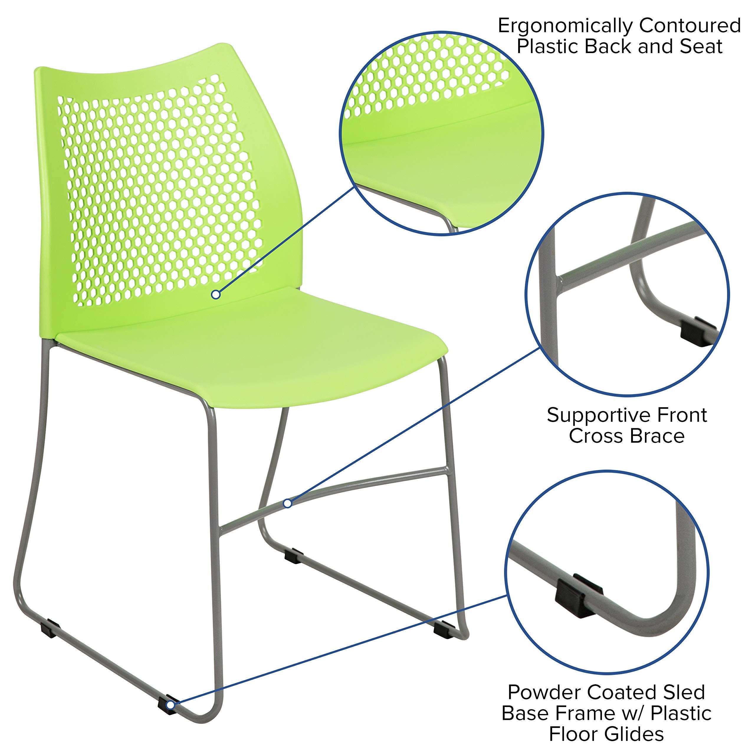 HERCULES Series 661 lb. Capacity Green Stack Chair with Air-Vent Back and Gray Powder Coated Sled Base