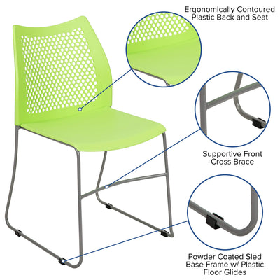 HERCULES Series 661 lb. Capacity Green Stack Chair with Air-Vent Back and Gray Powder Coated Sled Base