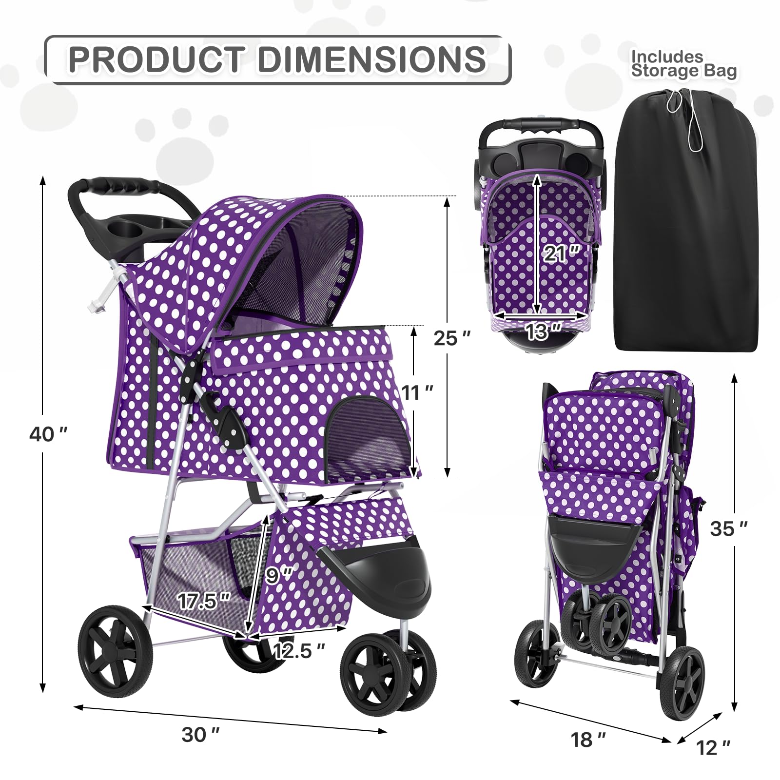 3 Wheels Pet Dog Cat Stroller for Small Medium Dogs Cats, Foldable Jogger Stroller w/Storage Basket and Cup Holder, Purple Polka Dots