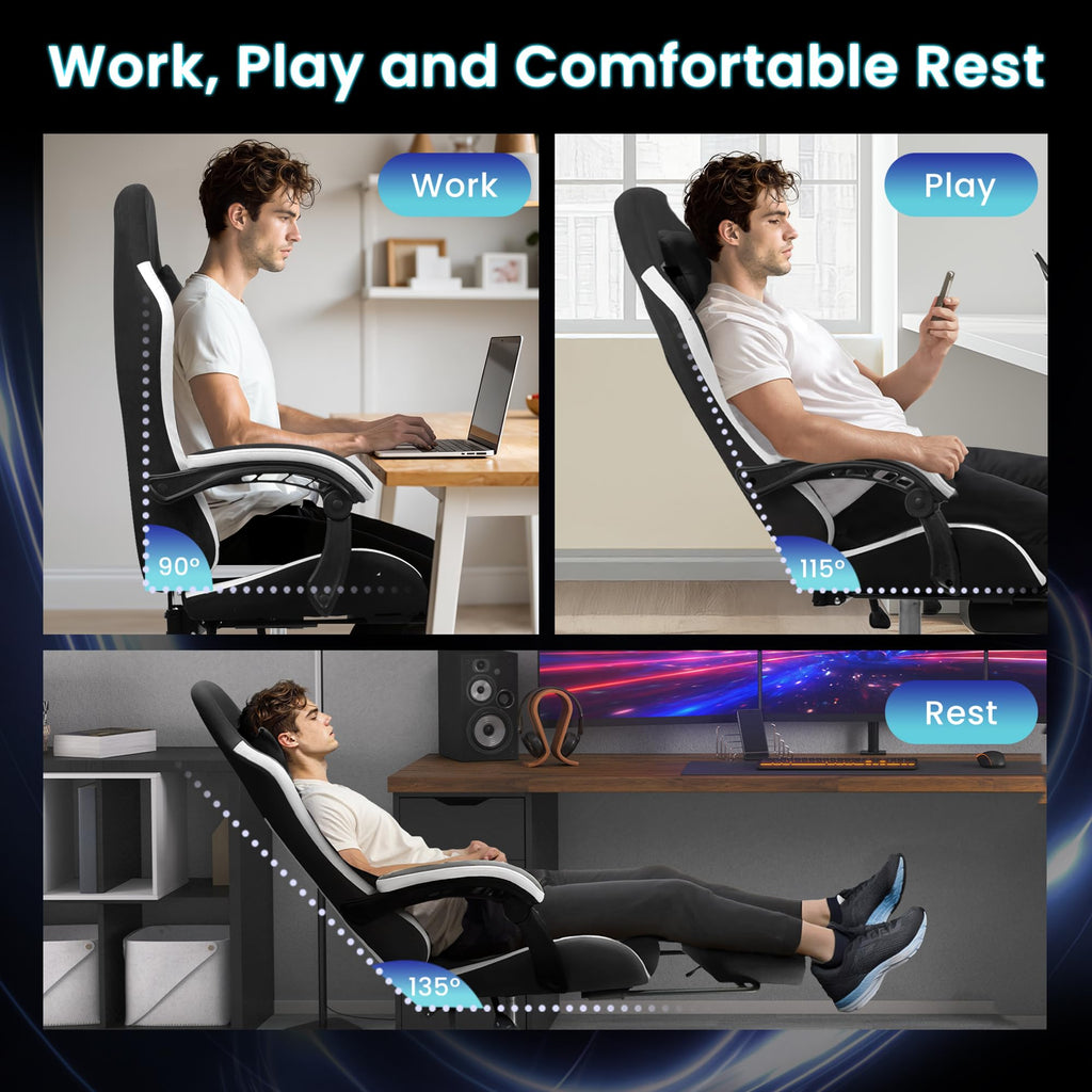 Video Gaming Chair with Footrest Lumbar Support for Home Office High Back Recliner Height Adjustable Ergonomic Comfy Fabric Computer Desk Chair (Black)