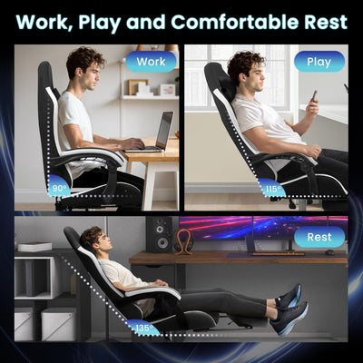Video Gaming Chair with Footrest Lumbar Support for Home Office High Back Recliner Height Adjustable Ergonomic Comfy Fabric Computer Desk Chair (Black)