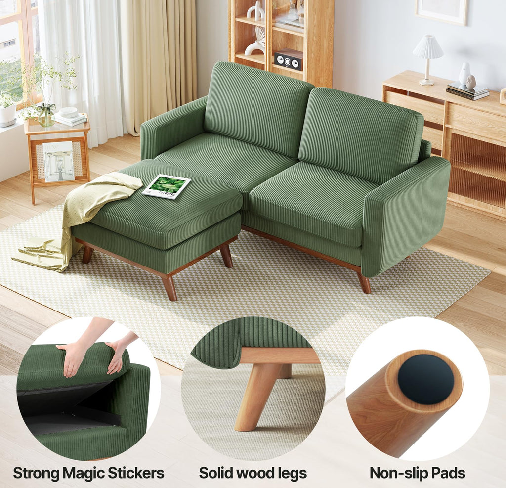 68" Loveseat Sofa with Movable Ottoman, Comfy Corduroy Couch with Spring Cushion, Sofa Couch with Solid Wood, Modern Office Sofa with Deep Seat for Living Room and Bedroom, Green
