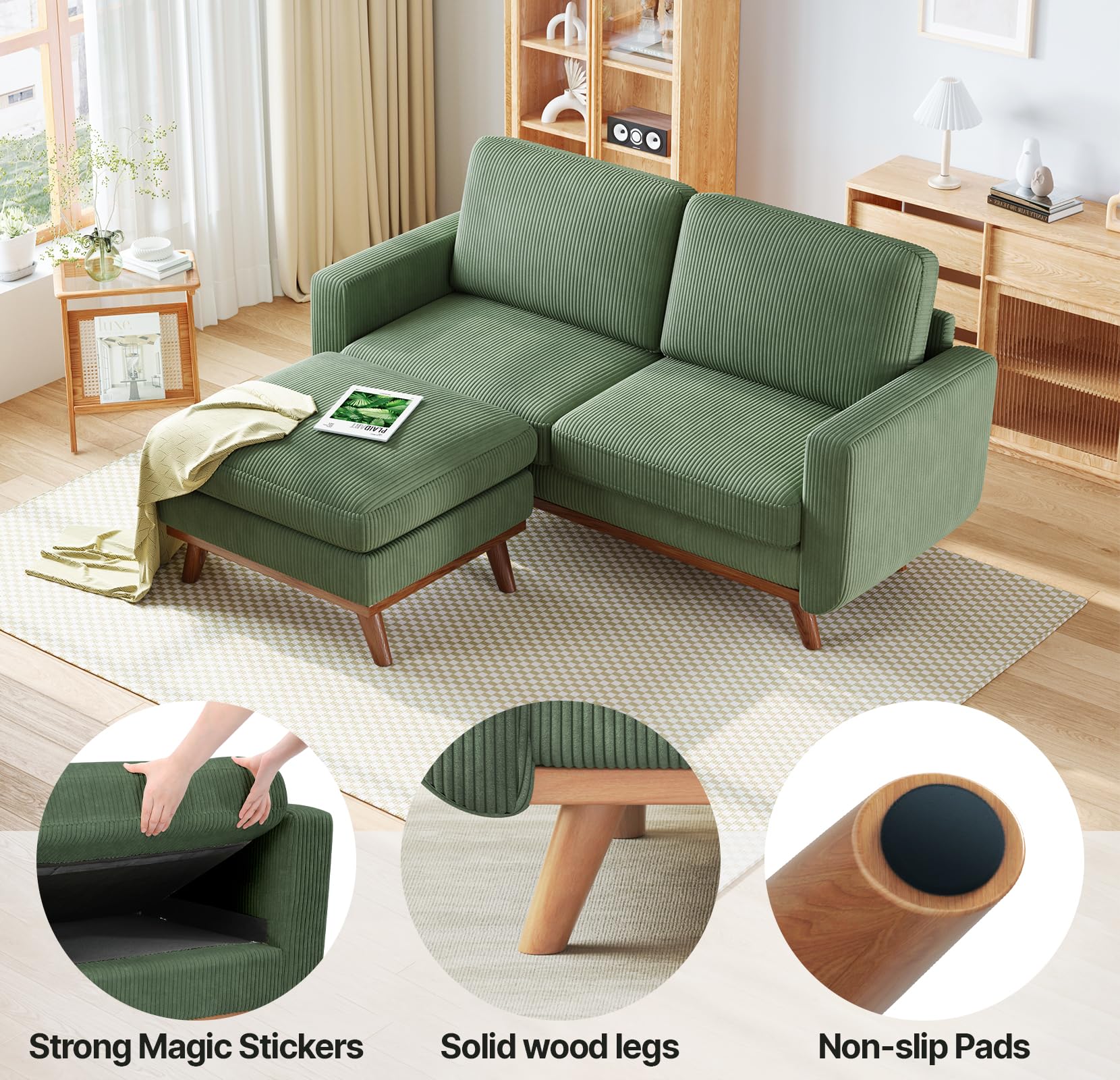 68" Loveseat Sofa with Movable Ottoman, Comfy Corduroy Couch with Spring Cushion, Sofa Couch with Solid Wood, Modern Office Sofa with Deep Seat for Living Room and Bedroom, Green