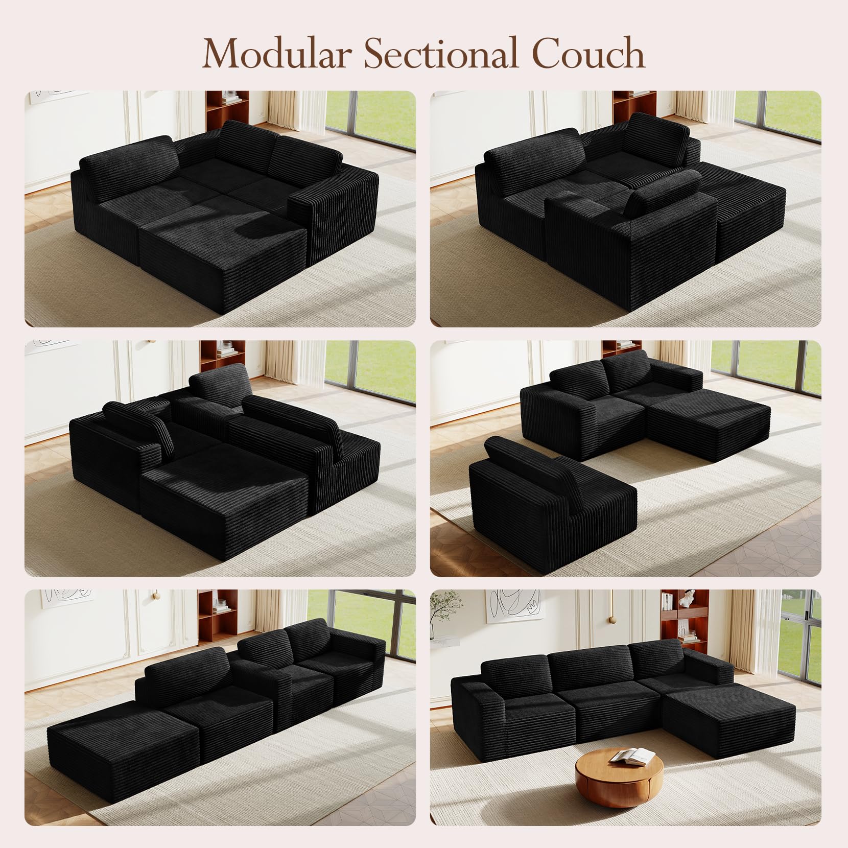 119" L-Shaped Modular Sectional Sofa, Corduroy Cloud Couch with Deep Seating & Spring Support, Flexible Layout Sofa with Ottoman, Boneless Style, No Assembly Required, Black