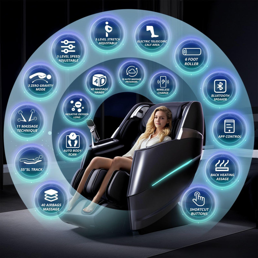 4D Massage Chair Full Body Zero Gravity Recliner - 55“ SL-Track,20 Auto Modes,11 Massage Technique,40 Airbags Massage,with Yoga Stretch,APP Control,Negative Oxygen lons (Black)