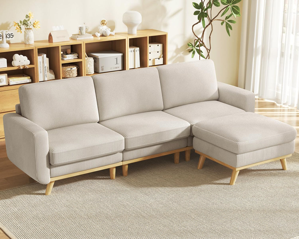 97" Modular Sectional Sofa Light Gray, L-Shaped Couch with Movable Ottoman, Comfy Corduroy Couch with Spring Cushion, Modular Sofa with Deep Seat for Living Room, Bedroom and Apartment