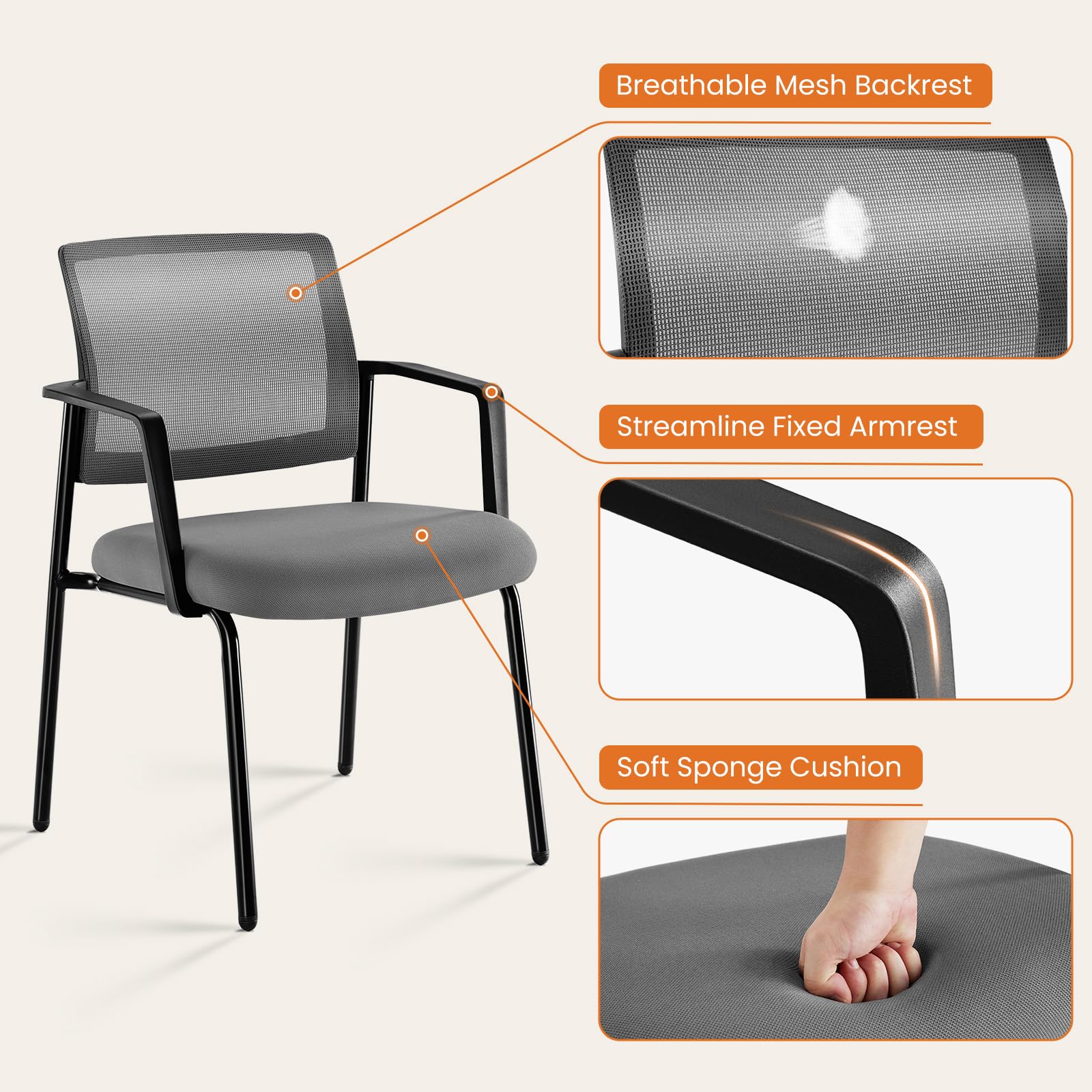 2 Pack Grey, Mesh Back Stacking Arm Chairs, Upholstered Fabric Stacking Chairs, Sturdy Metal Office Chairs, Easy to Use and Store, Outdoor and Indoor, for Home, School, Party, Church,