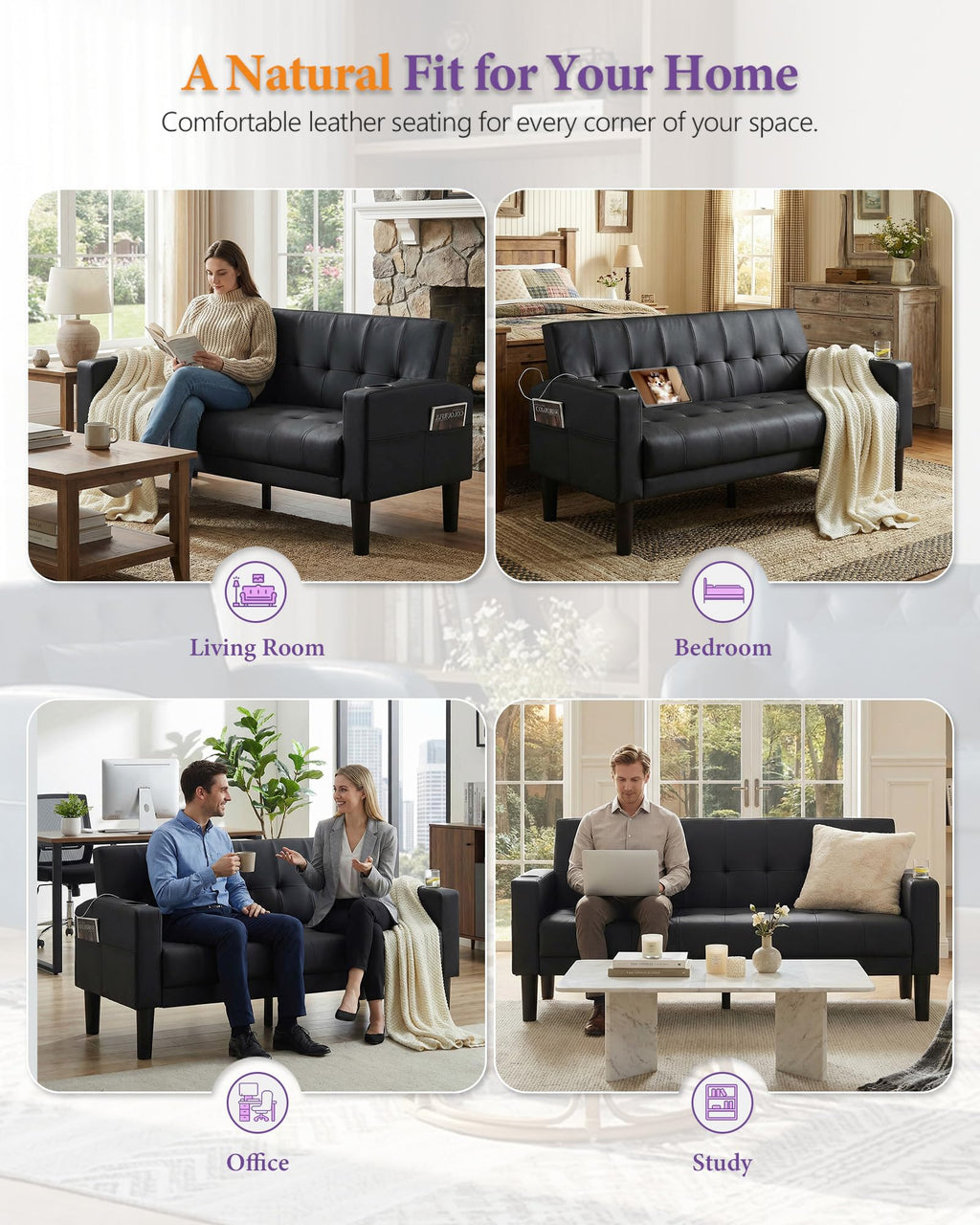 Sofa Couch 62" W Loveseat w/ 2 USB Charger Ports & 2 Cupholders, Mid-Century Modern Black Faux Leather Tufted Small Love Seat Couches for Office,Compact Living Room,Bedroom,Apartment,Dorm