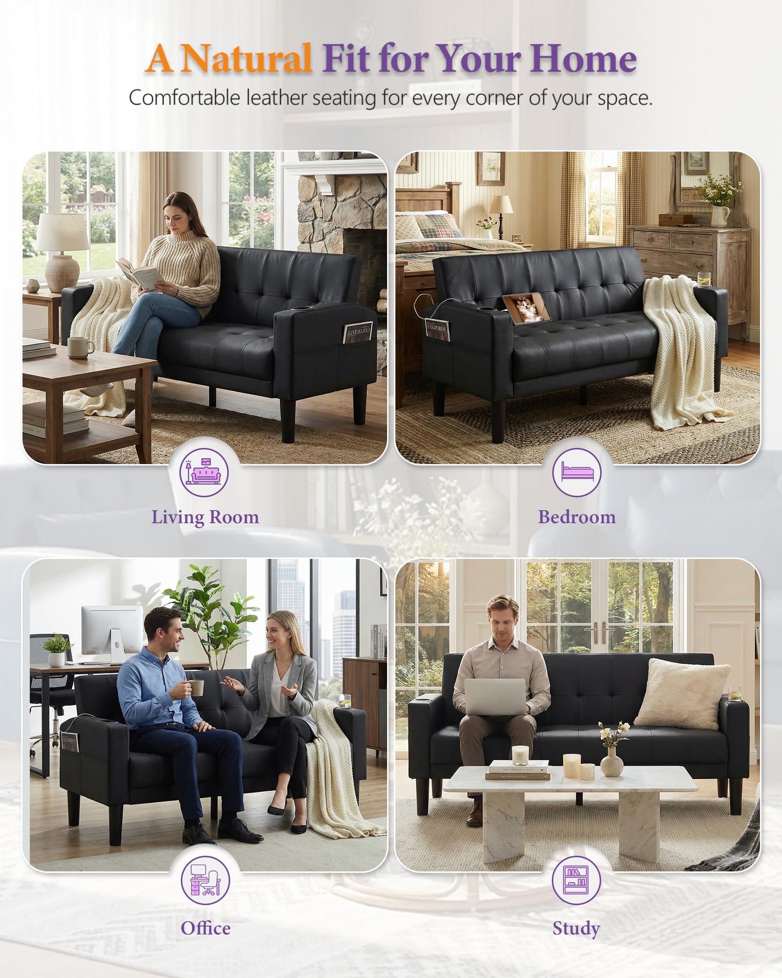 Sofa Couch 62" W Loveseat w/ 2 USB Charger Ports & 2 Cupholders, Mid-Century Modern Black Faux Leather Tufted Small Love Seat Couches for Office,Compact Living Room,Bedroom,Apartment,Dorm