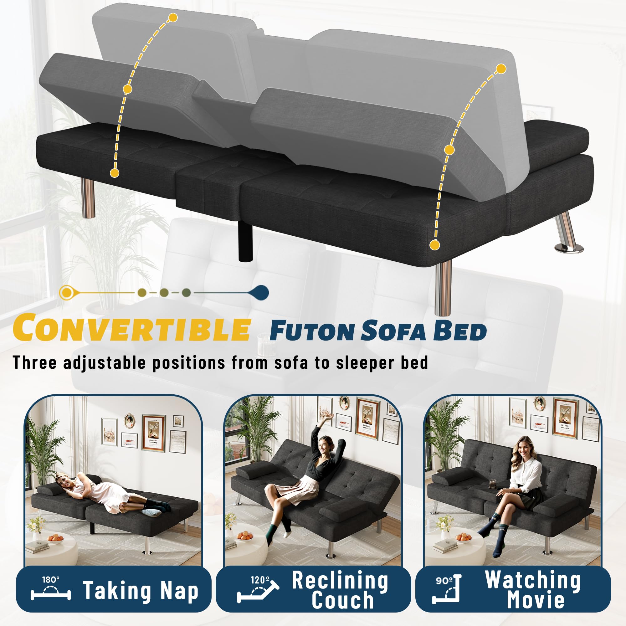 Sofa Bed Adjustable Futon Couch Sleeper Sofa Bed for Living Room, Business Office, Recliner Sofas with Cup Holders (Fabric, Black)