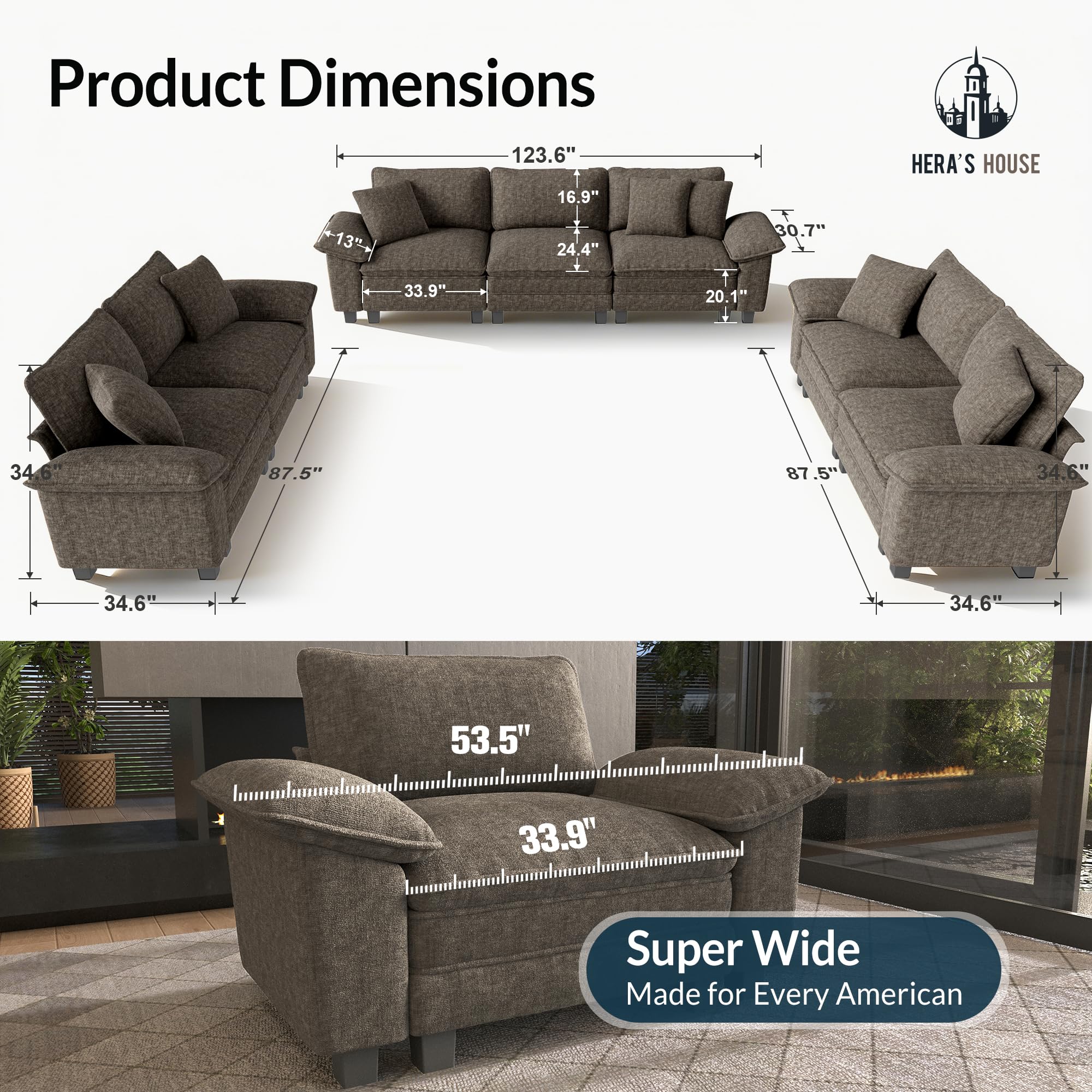 3 Pieces Modular Sectional Sofa Sets, Oversized Couch Set with Loveseats, Comfy Cloud Couches with Throw Pillows, 7-Seater Deep Seat Sofa for Living Room, Chenille Ash