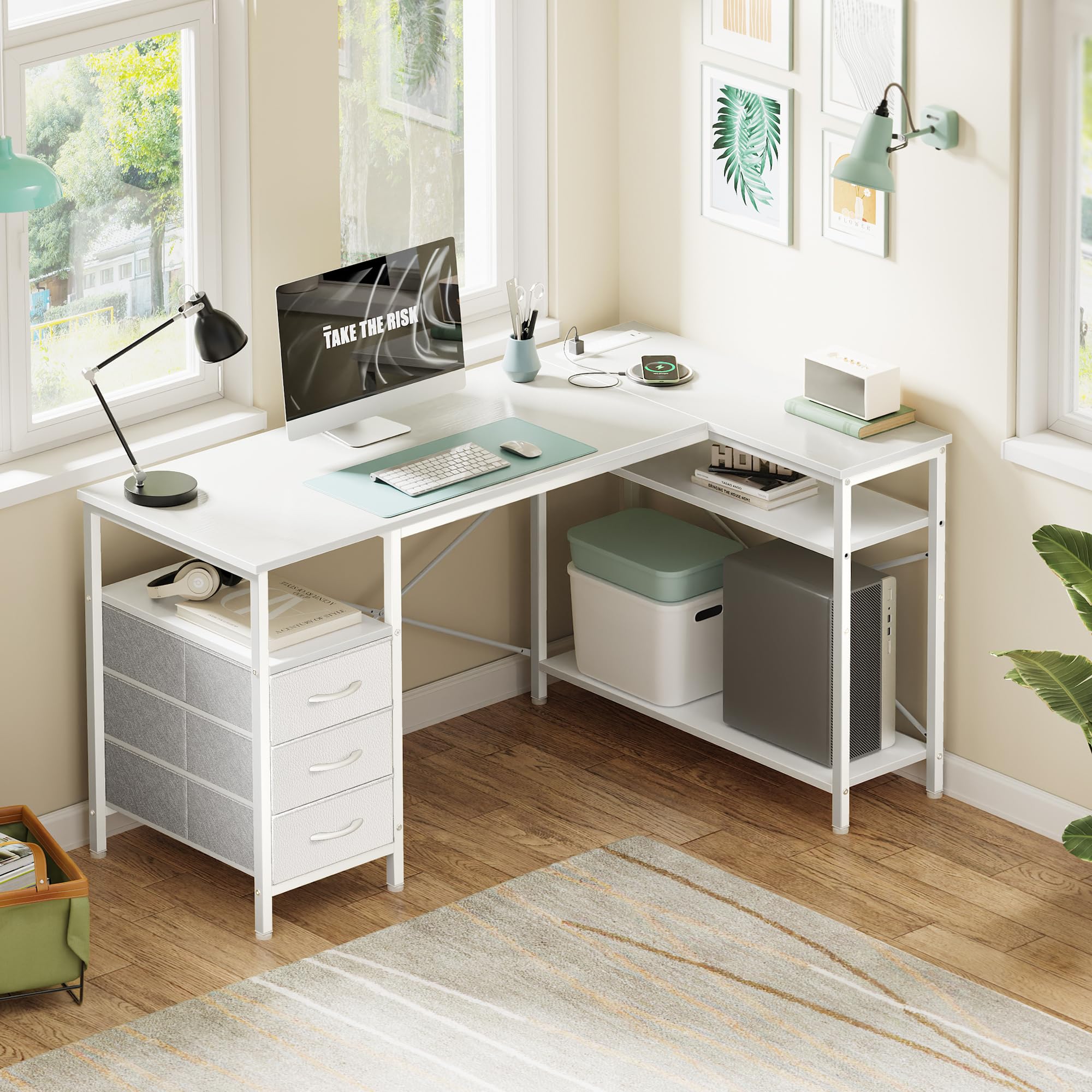 L Shaped Office Desk with Power Outlets, 47 Inch Computer Desk with 3 Drawers, Shelves, for Gaming, Corner Work, Home Office, Study, White
