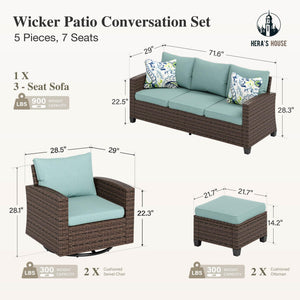 Patio Furniture Set with Swivel Glide Chairs, 5 Pieces Outdoor Conversation Sofa Sets, Deep Seating Brown Wicker Rattan Furniture Set for Lawn Deck Backyard, Blue