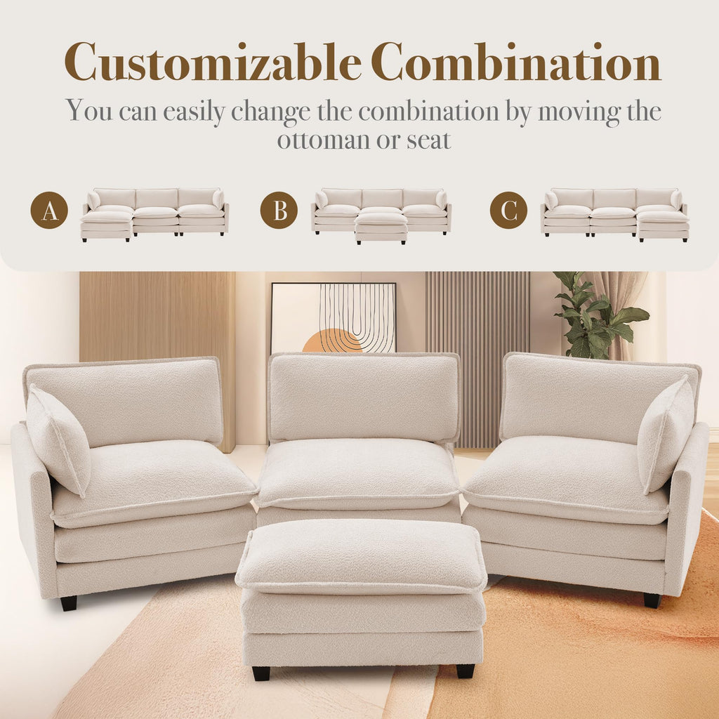 112'' Modular Sectional Cloud Couch with Movable Ottoman, 4 Seat Modern Chenille Sofa with 2 Throw Pillows, Deep Seat L Shaped Couch for Living Room Bedroom Apartment, Beige