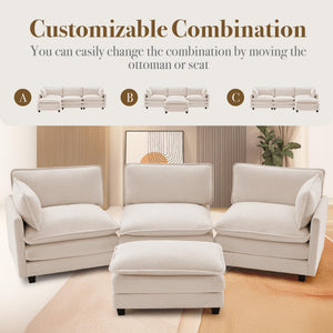 112'' Modular Sectional Cloud Couch with Movable Ottoman, 4 Seat Modern Chenille Sofa with 2 Throw Pillows, Deep Seat L Shaped Couch for Living Room Bedroom Apartment, Beige