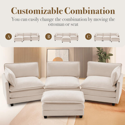 112'' Modular Sectional Cloud Couch with Movable Ottoman, 4 Seat Modern Chenille Sofa with 2 Throw Pillows, Deep Seat L Shaped Couch for Living Room Bedroom Apartment, Beige