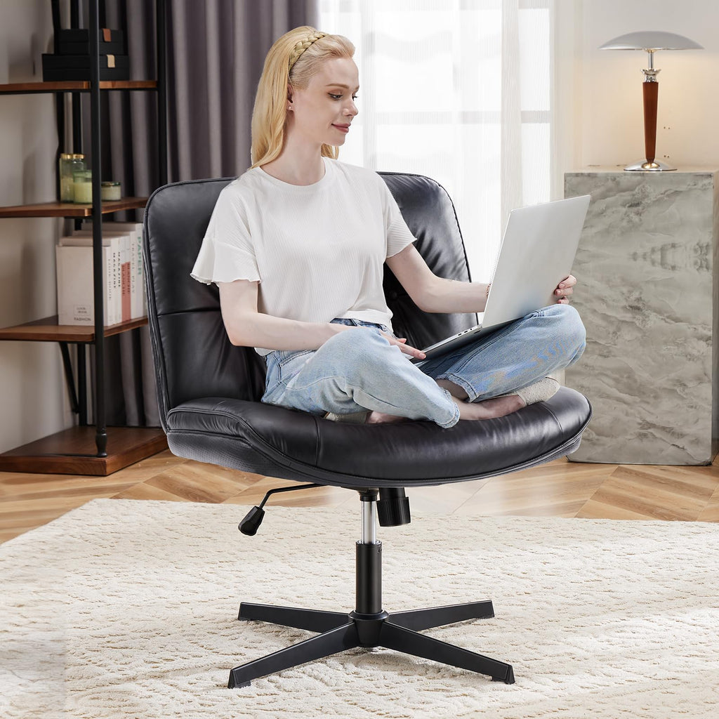 Criss Cross Chair with Wheels Armless Wide Cross Legged Vanity Office Desk Chair with Comfy PU Leather& Back - Swivel for Home Office Bedroom, Black