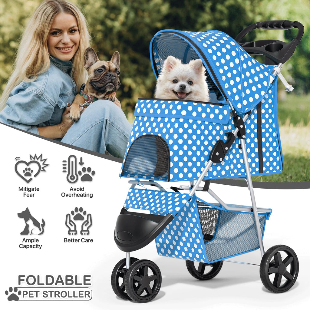 3 Wheels Pet Dog Cat Stroller for Small Medium Dogs Cats, Foldable Jogger Stroller w/Storage Basket and Cup Holder, Sky Blue Polka Dots