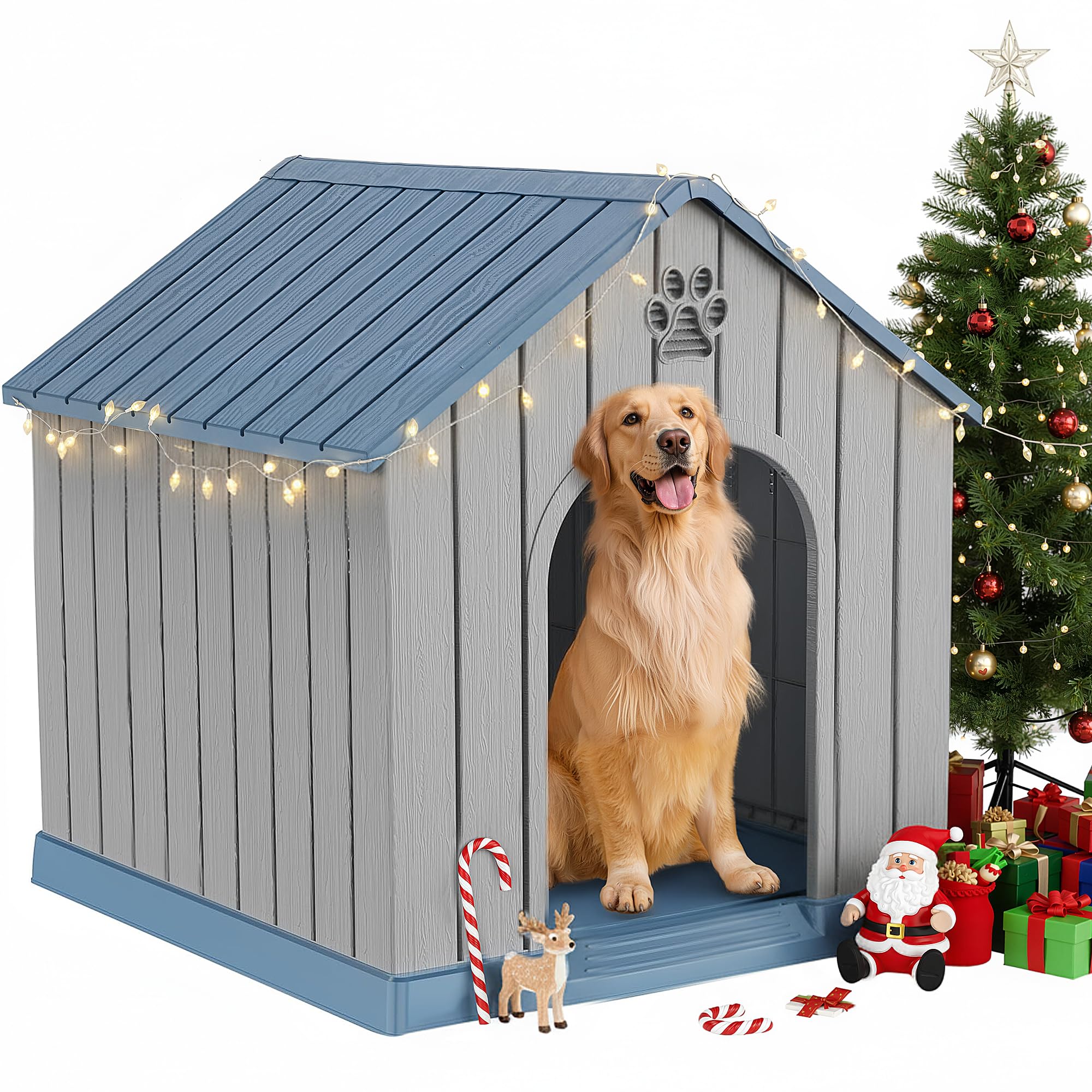 Large Dog House Indoor Outdoor Waterproof,Puppy Shelter with Air Vents and Elevated Floor,Sturdy Dog Kennel for Small to Large Sized Dogs, Easy to Assemble (Blue, 38.62×36.26×38.07 Inches)