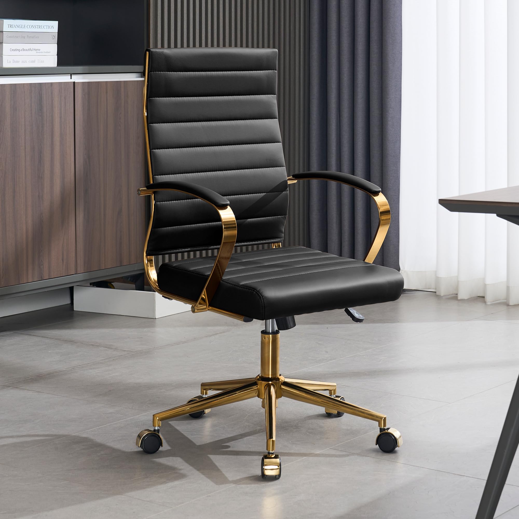 Gold Office Desk Chair, Ergonomic Leather Modern Conference Room Chairs, Executive Ribbed Height Adjustable Swivel Rolling Golden Chair for Home Office.
