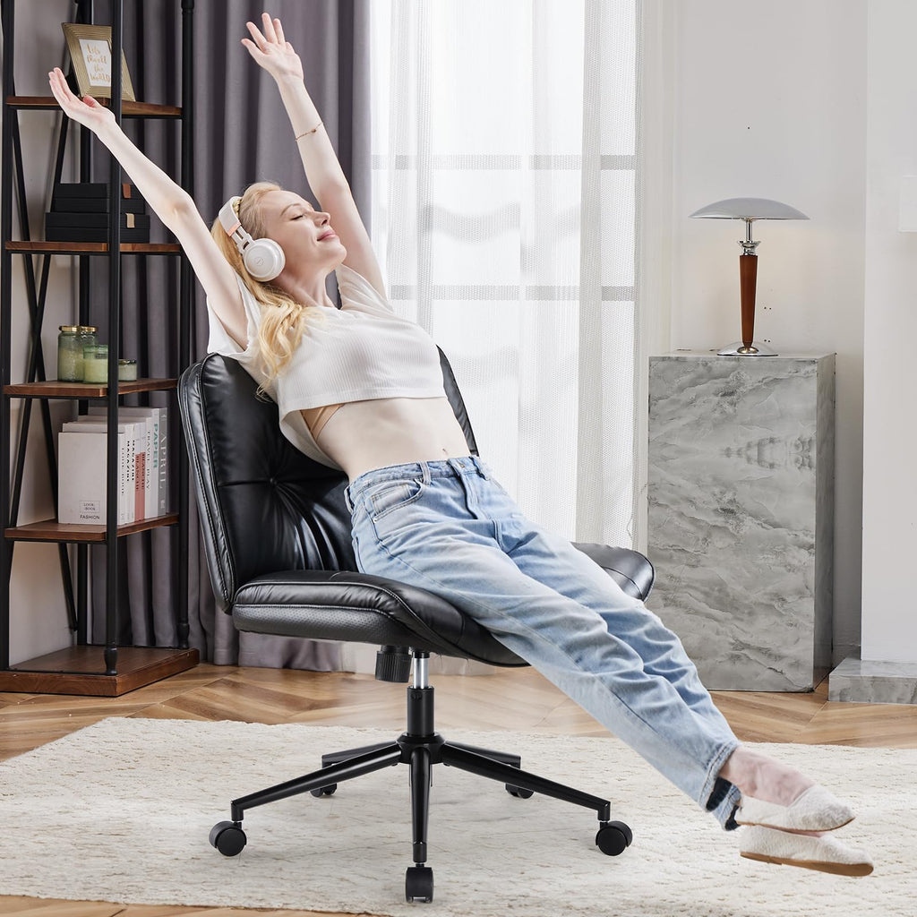 Criss Cross Chair with Wheels Armless Wide Cross Legged Vanity Office Desk Chair with Comfy PU Leather& Back - Swivel for Home Office Bedroom, Black
